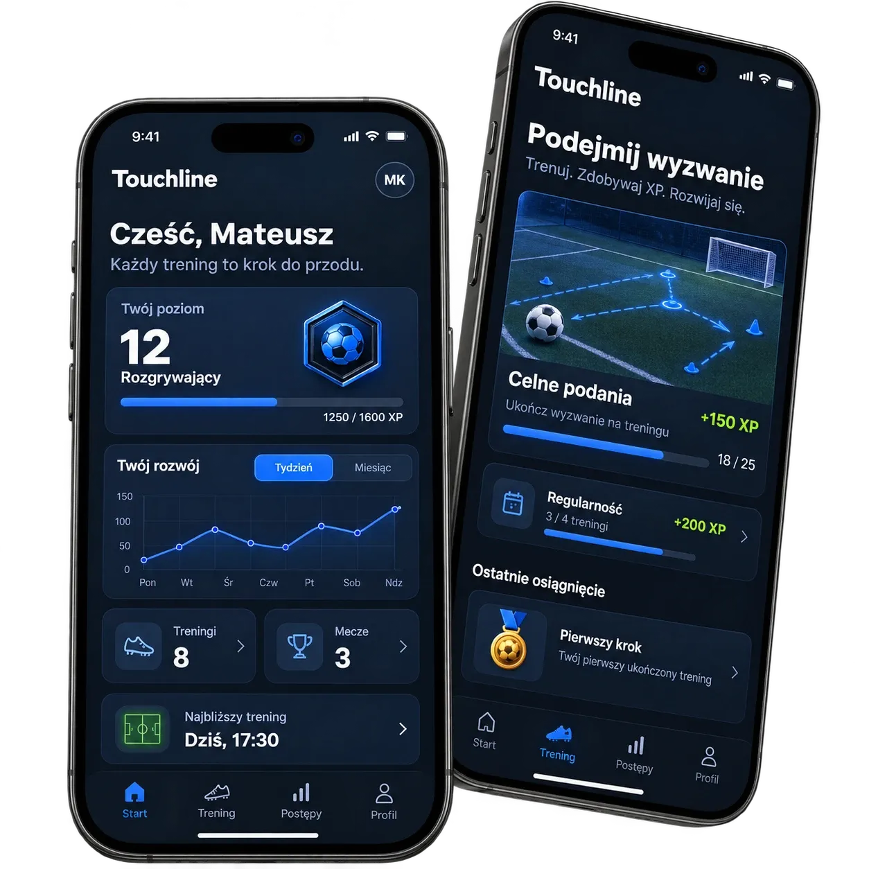 Dwa iPhone’y z koncepcją aplikacji Touchline: ekran postępów zawodnika oraz wyzwań treningowych z punktami XP i osiągnięciami.